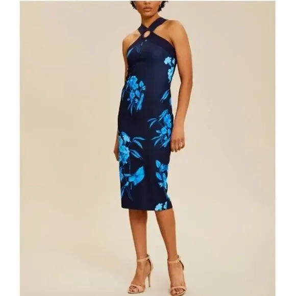 Ted Baker Navy Blue Fantasia Bodycon Halter Floral Dress (TB 2 or US 6) - Picture 4 of 10